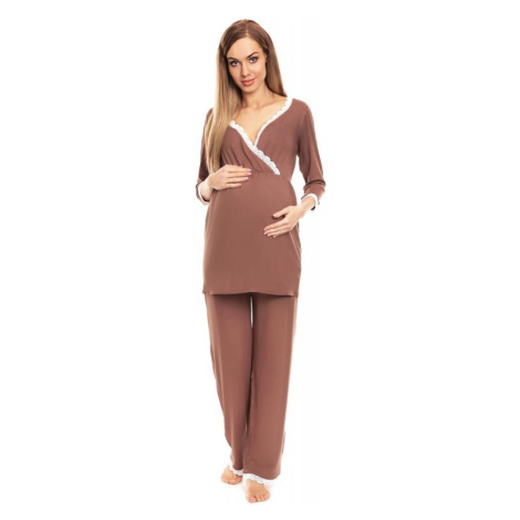 Cappuccinové těhotenské a kojící pyžamo s kalhotami a tričkem s dlouhým rukávem s výstřihem
