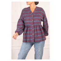 armonika Women's Dark Blue Plaid Patterned Stamped Shirt with Smocking Bottoms and Elasticated S