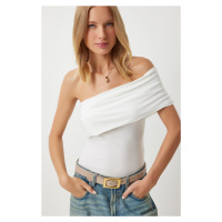 Happiness İstanbul Women's White One Shoulder Gathered Knitted Blouse