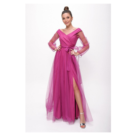 By Saygı Lace-Up Balloon Sleeve Tulle Long Evening Dress Fuchsia