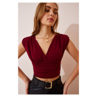 Happiness İstanbul Women's Burgundy Deep V-Neck Crop Sandy Knitted Blouse