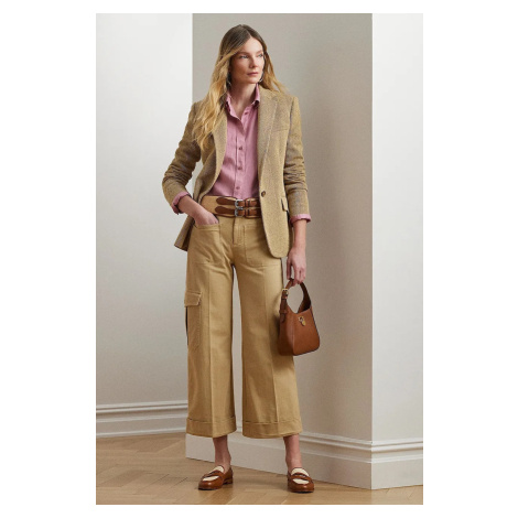 Bavlněné kalhoty Lauren Ralph Lauren dámské, béžová barva, široké, high waist, 200974894