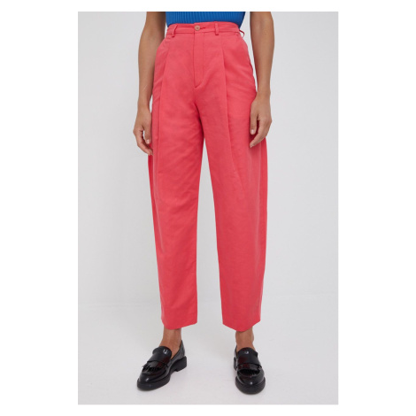 Bavlněné kalhoty Drykorn dámské, růžová barva, široké, high waist