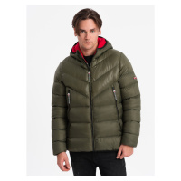 Ombre Men's quilted winter jacket with combined materials - dark olive green