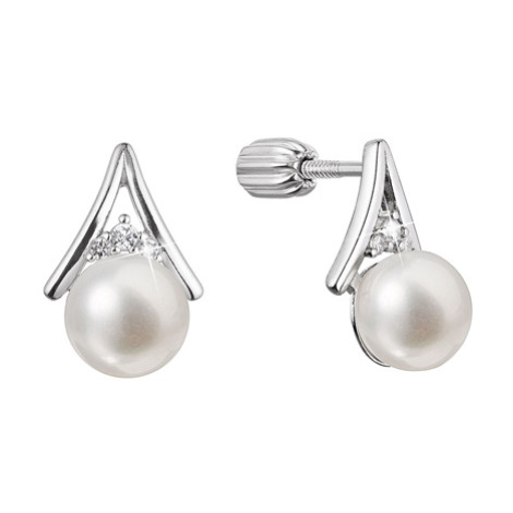 Stříbrné náušnice pecky trojúhelník se zirkony a říční perlou bílé 21083.1B