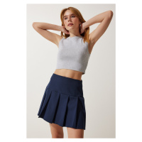 Happiness İstanbul Women's Navy Blue Pleated Mini Woven Skirt