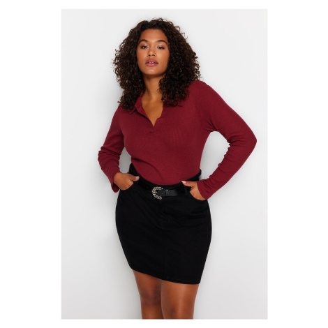 Trendyol Curve Burgundy Fitted Ribbed Shirt Collar Snap Snap Knitted Bodysuit