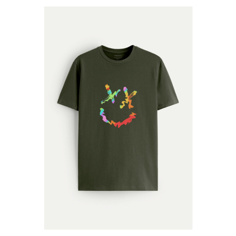 Tričko, Barva Khaki, s Potiskem Neon Smiley Face Hedrix