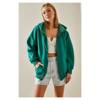 XHAN Emerald Green Zipper Hoodie Sweatshirt