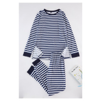 Trendyol Navy Blue 100% Cotton Striped Slit Detailed Knitted Pajama Set