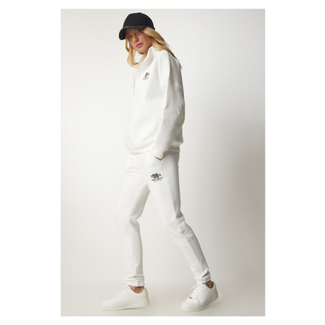 Happiness İstanbul Women's White Zippered Collar and Rack Knitted Knitted Tracksuit Set