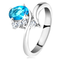 Lesklý prsten ve stříbrné barvě, oválný akvamarínový zirkon, úzká ramena