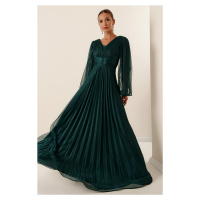 By Saygı Front Back V Neck Balloon Sleeve Pleated Long Tulle Dress