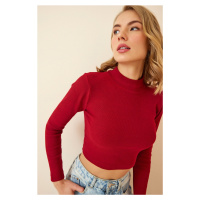 Happiness İstanbul Women's Burgundy Corduroy Turtleneck Crop Knitted Blouse