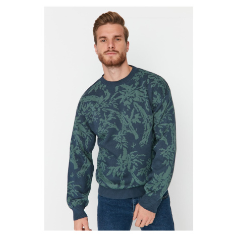 Trendyol Green Men's Oversize Fit Wide Fit Jacquard Crew Neck Knitwear Sweater