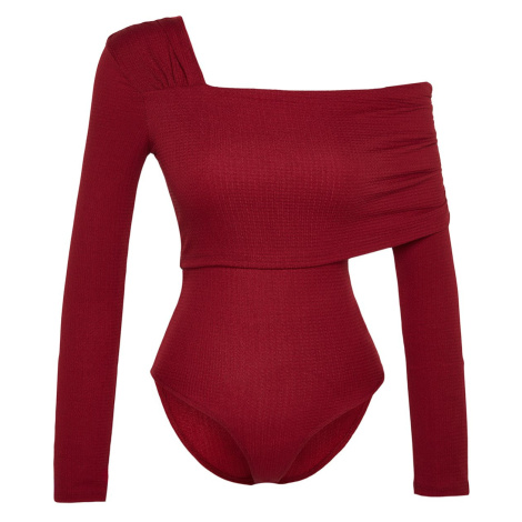Trendyol Burgundy Asymmetric Collar Detailed Draped Fitted/Situated Crepe/Textured Knitted Bodys