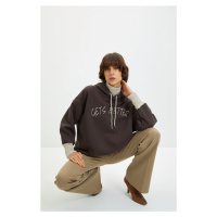 Trendyol Brown Thick Fleece Knitwear Tape Detailed Hooded Knitted Sweatshirt
