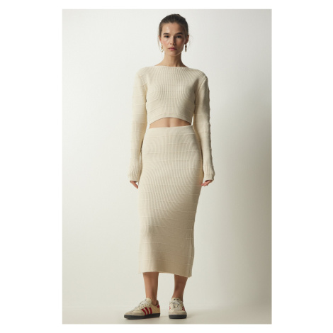 Happiness İstanbul Women's Cream Ribbed Crop Knitwear Sweater Skirt Suit