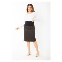 Şans Women's Plus Size Coffee Waist Combed Cotton Wide Corsage Belted 4 Pocket Gabardine Skirt