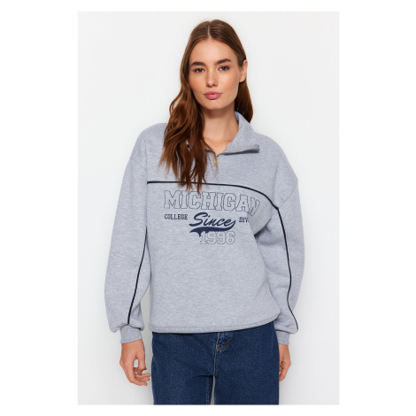 Trendyol Gray Zipper Printed Oversize Fleece Inside Knitted Sweatshirt