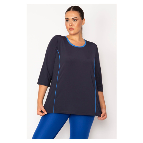 Şans Women's Large Size Navy Blue Tunic with Piping and Cup Detail