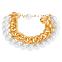 Náramek z korálků perleťově bílé barvy a masivního řetízku ve zlatém odstínu