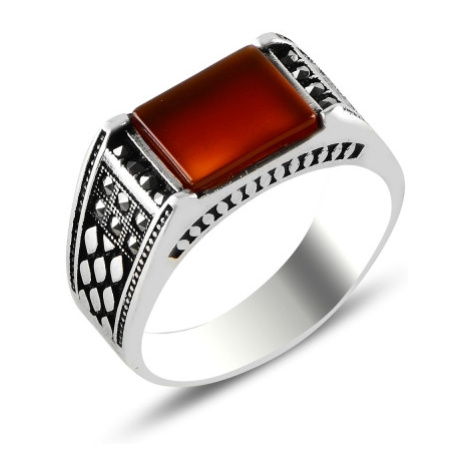 OLIVIE Pánský stříbrný prsten ČERVENÝ ACHÁT 5701