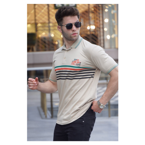 Madmext Beige Striped Polo Neck T-Shirt 5869