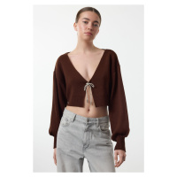 Trendyol Brown Super Crop Basic Bow Knit Cardigan