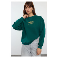 Trendyol Emerald Green Thick Polar Fleece Slogan Printed Knitted Sweatshirt