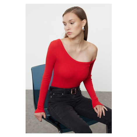 Trendyol Red Fitted Off Shoulder Corded Cotton Stretch Knitted Blouse