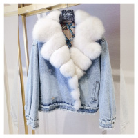 Dámská džínové bunda zimní s pravým kožíškem z lišky