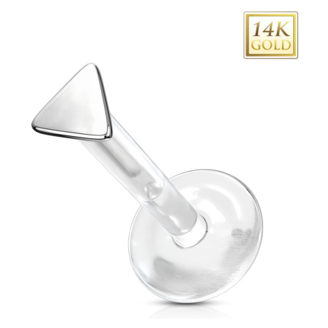 Zlatý 14K piercing do nosu, ucha, rtu - malý rovnoramenný trojúhelník, průsvitný Bioflex Šperky eshop