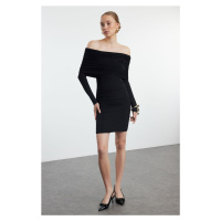 Trendyol Black Fitted Carmen Neckline Long Sleeve Stretchy Mini Knitted Dress