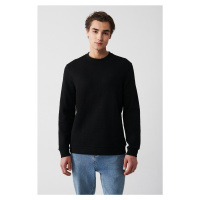 Avva Men's Black Crew Neck Cotton Jacquard Regular Fit Sweatshirt