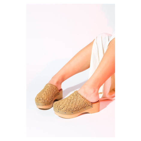 LuviShoes COOPER Light Tan Knitted Genuine Leather Wedge Heel Slippers