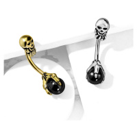 Ocelový piercing do pupíku ve starožitném vzhledu - lebka, černá kulička v drápech - Barva: Zlat