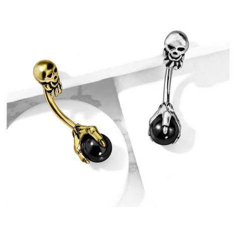 Ocelový piercing do pupíku ve starožitném vzhledu - lebka, černá kulička v drápech - Barva: Zlat Šperky eshop