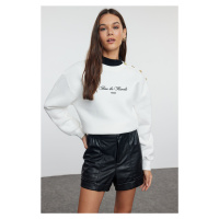 Trendyol Ecru Slogan Embroidered Button Detailed Regular Fit Thick Inside Fleece Knitted Sweatsh