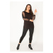 Şans Women's Plus Size Black Lace And Tulle Detailed Blouse And Leggings Pants Suit