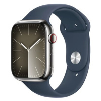 Apple Watch Series 9 45mm Cellular Stříbrný nerez s bouřkově modrým sportovním řemínkem - M/L