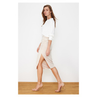 Trendyol Beige Gathered Slit Detailed Pencil Fit Midi Woven Skirt