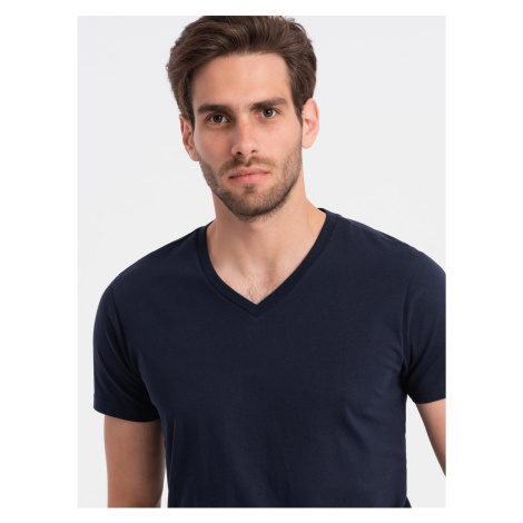 Tmavě modré pánské basic tričko s véčkovým výstřihem Ombre Clothing