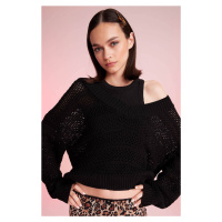 DEFACTO Black Regular Fit V Neck Crochet Knit Sweater