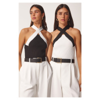 Happiness İstanbul Women's Black and White Halter Collar 2-Pack Crop Knitwear Blouse