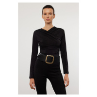 Trendyol Black Drape Detailed Fitted Long Sleeve Stretchy Knitted Blouse