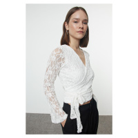 Trendyol White Lace Fitted Double Breasted Stretchy Knitted Blouse