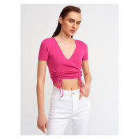Dilvin 10194 Double-breasted Collar With Gathering in the Front, Knitwear Crop-fuchsia
