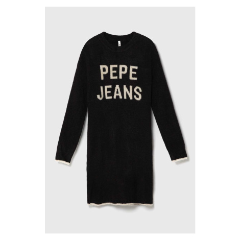 Dětské šaty s příměsí vlny Pepe Jeans černá barva, mini, oversize