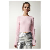 Happiness İstanbul Women's Light Pink Ribbed Crop Knitwear Sweater